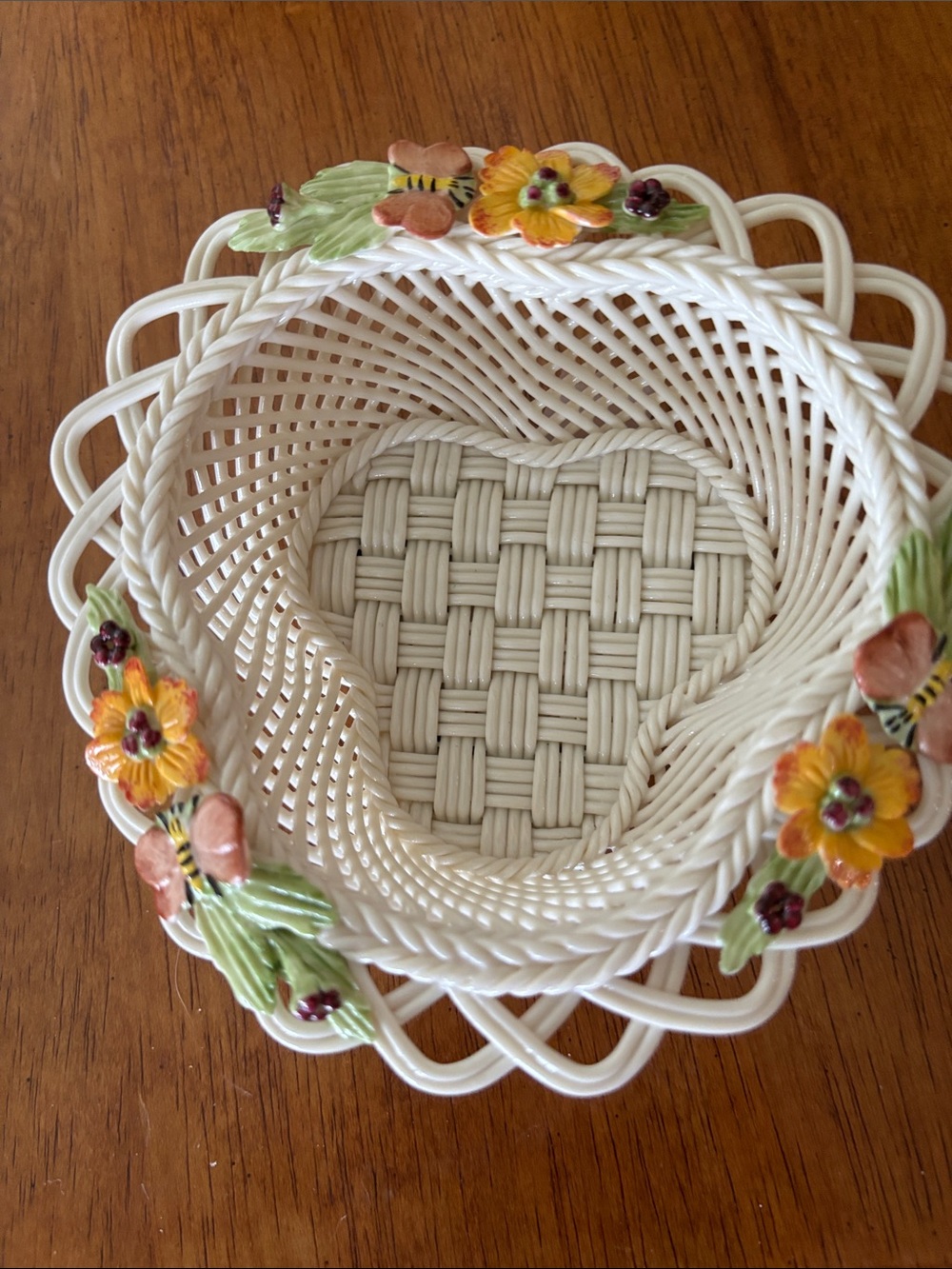 White Ceramic Basket with Yellow Floral Accents
